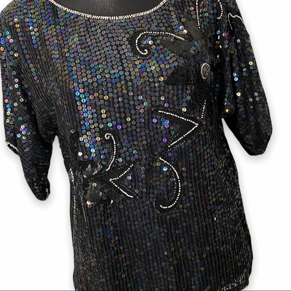 Vintage Sequined Top Womens Size Large Black Irridescent - Picture 2 of 6